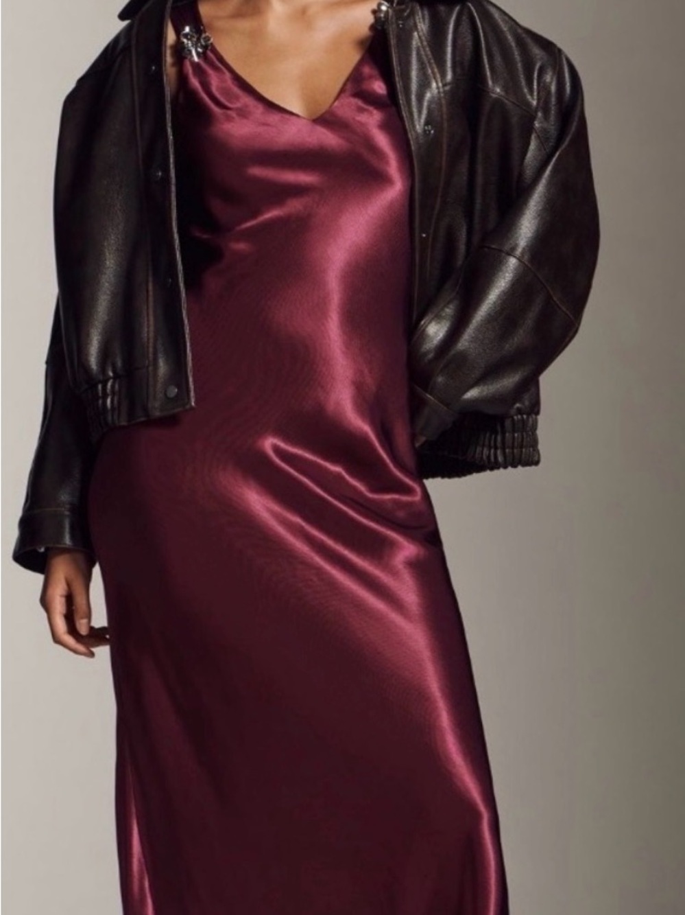 Anthropologie Satin Burgundy Slip Dress with Decorative Shoulder Accents - Picture 4 of 6